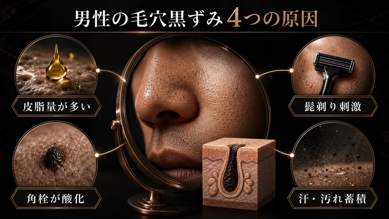 なぜ男性は毛穴の黒ずみが目立つのか?4つの原因の図解