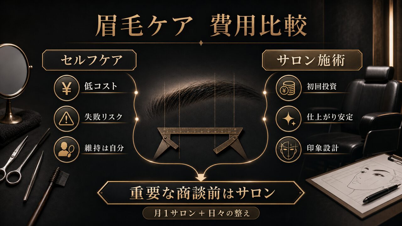 ビジネスマンの眉毛｜セルフケアとサロン施術の費用比較の図解