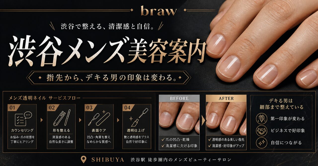 【渋谷】メンズ透明ネイルで清潔感UP｜デキる男の指先ケアはSamurai Beautyのアイキャッチ
