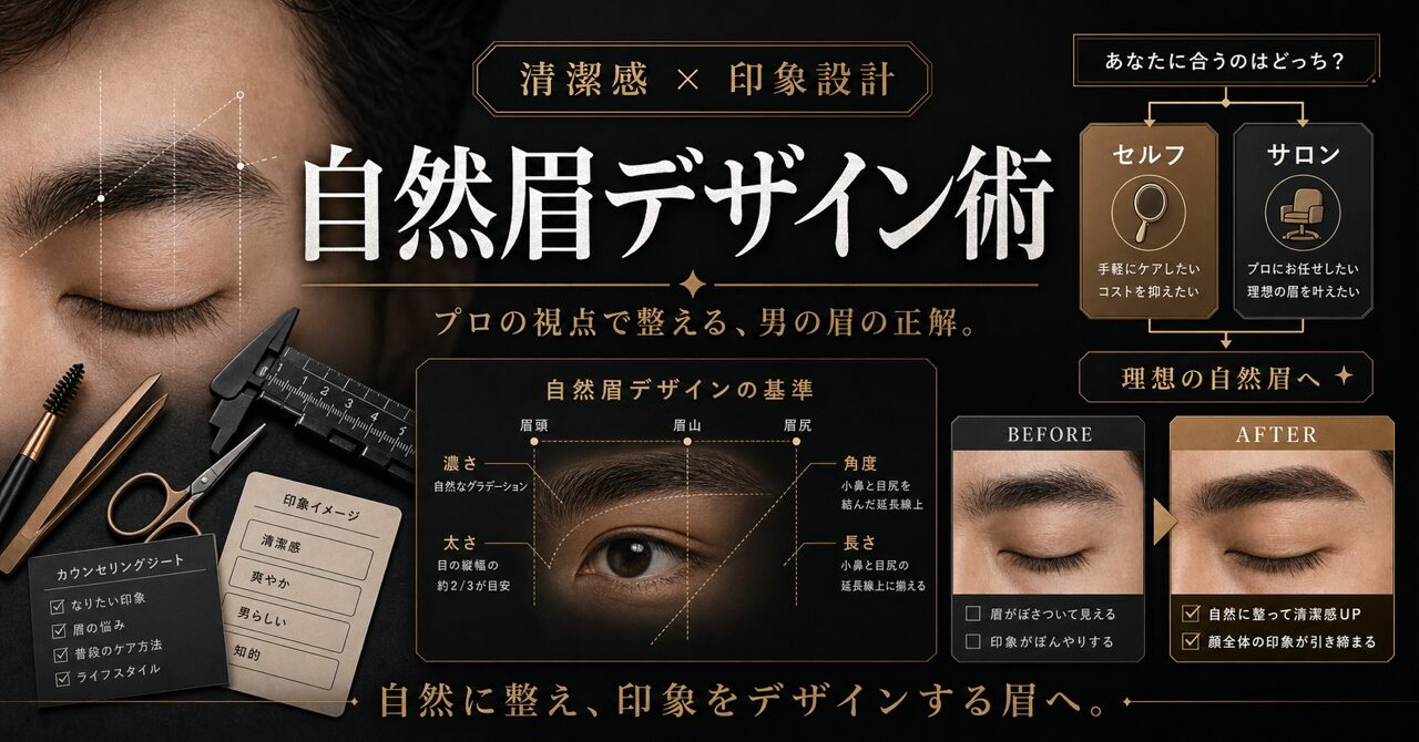 自然眉の作り方をプロが完全解説!男の印象は眉毛で9割決まる【セルフ・サロン別】のアイキャッチ