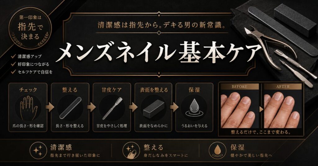 【完全ガイド】メンズネイルケアの始め方｜デキる男の清潔感は指先から。渋谷の専門サロンが徹底解説のアイキャッチ