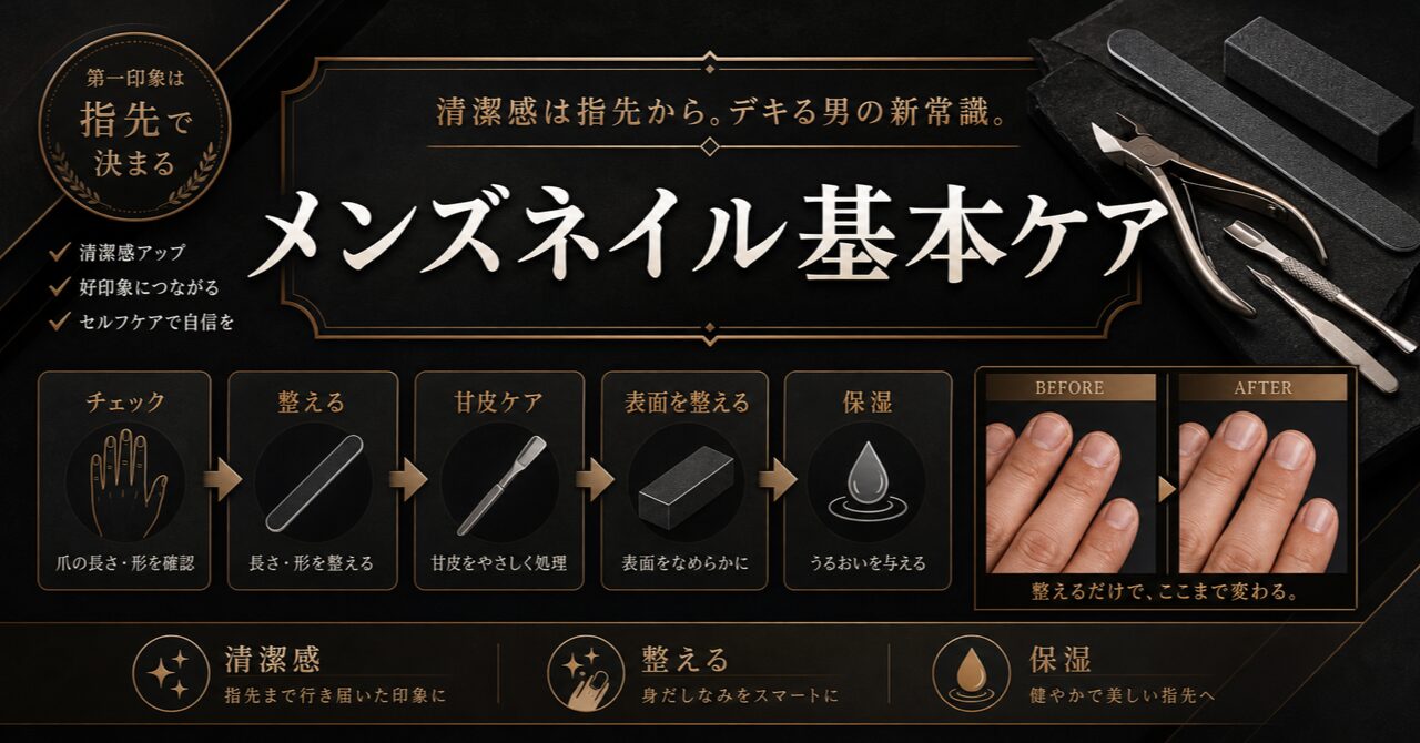 【完全ガイド】メンズネイルケアの始め方|デキる男の清潔感は指先から。渋谷の専門サロンが徹底解説のアイキャッチ