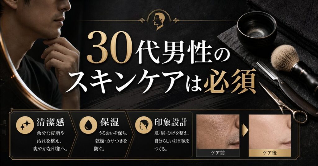30代男性のスキンケアは必須｜プロが教える肌老化を防ぐ完全ガイドのアイキャッチ
