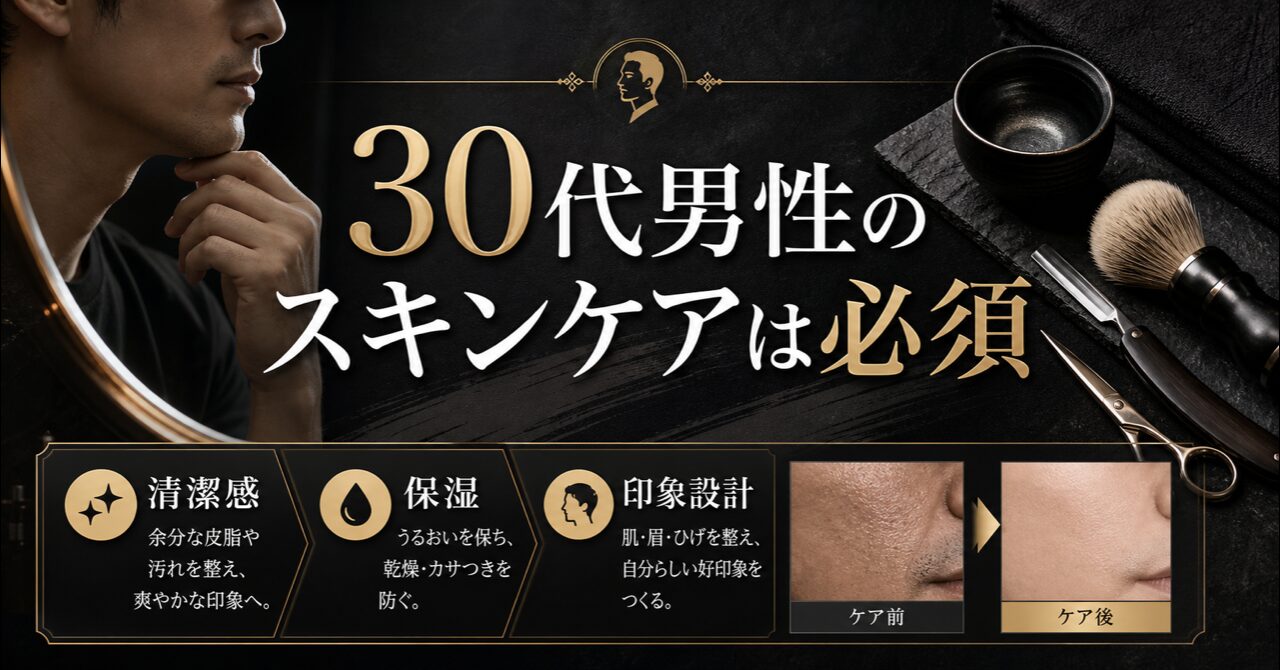 30代男性のスキンケアは必須|プロが教える肌老化を防ぐ完全ガイドのアイキャッチ