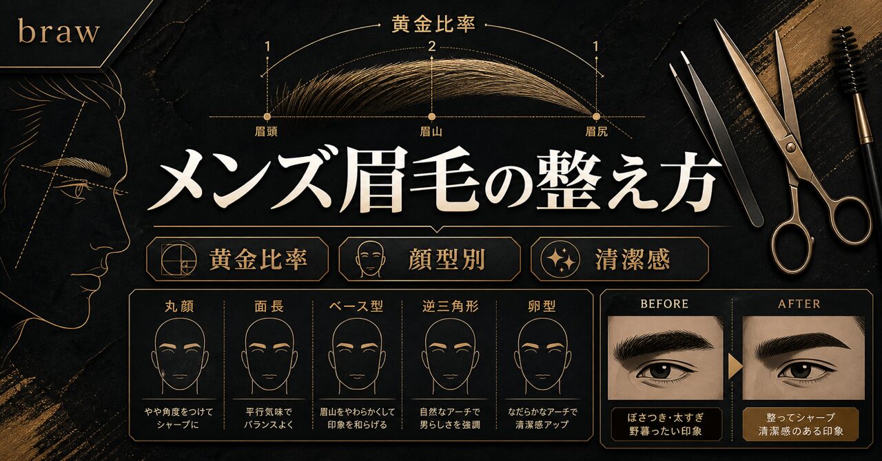 メンズ眉毛が太い人に似合う整え方｜顔型別・プロ直伝の黄金比率のアイキャッチ