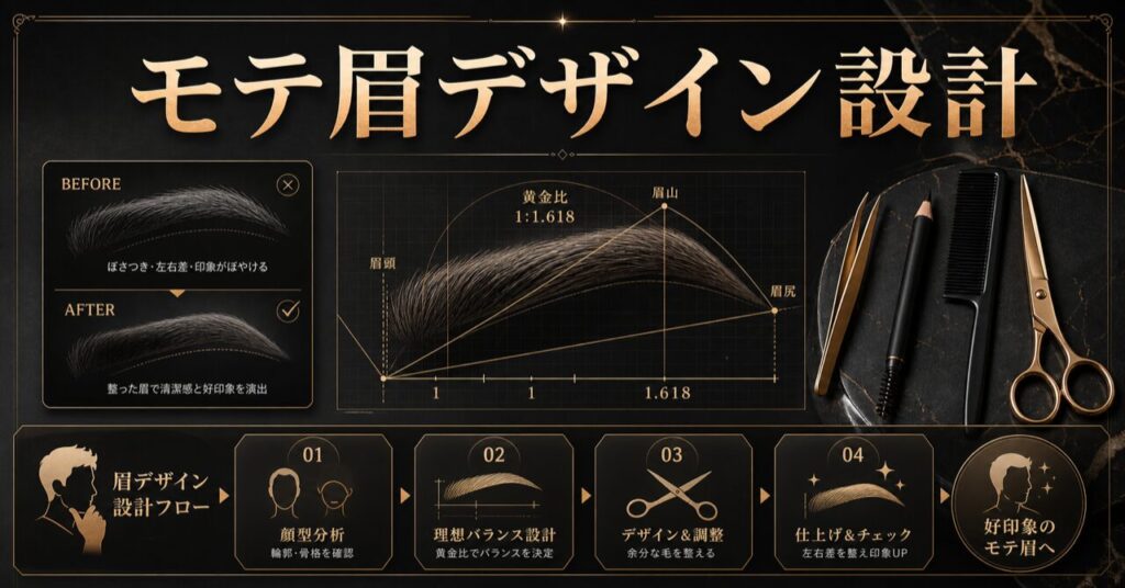 9割モテ実感！モテる男の眉毛デザイン完全ガイド｜渋谷のプロが教える顔型別黄金比と整え方のアイキャッチ