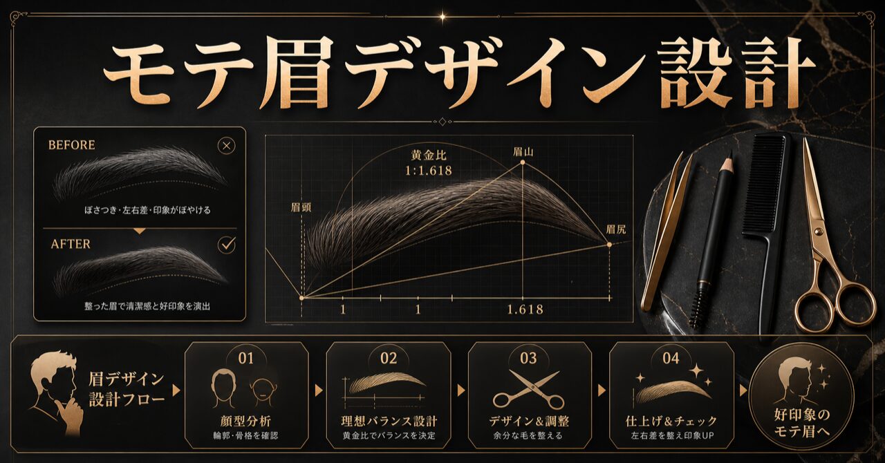9割モテ実感！モテる男の眉毛デザイン完全ガイド｜渋谷のプロが教える顔型別黄金比と整え方のアイキャッチ