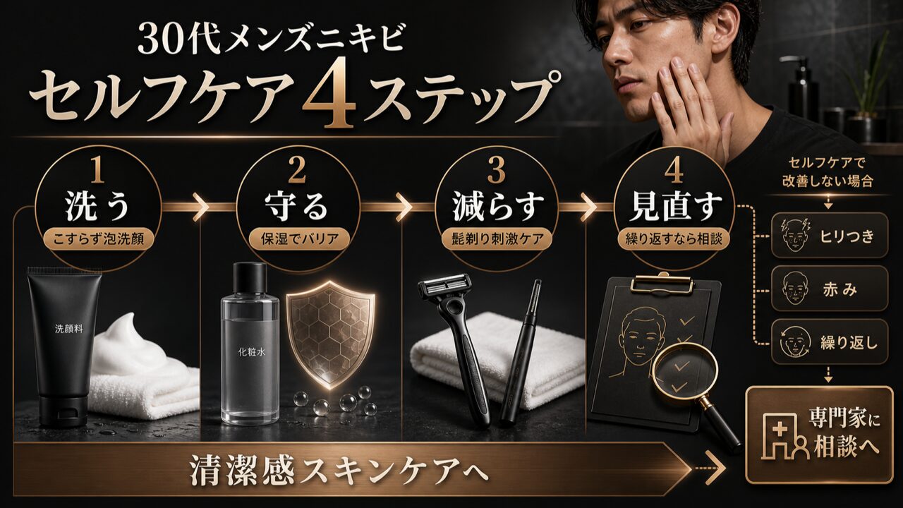 【セルフケア編】30代メンズニキビの正しい治し方4ステップの図解