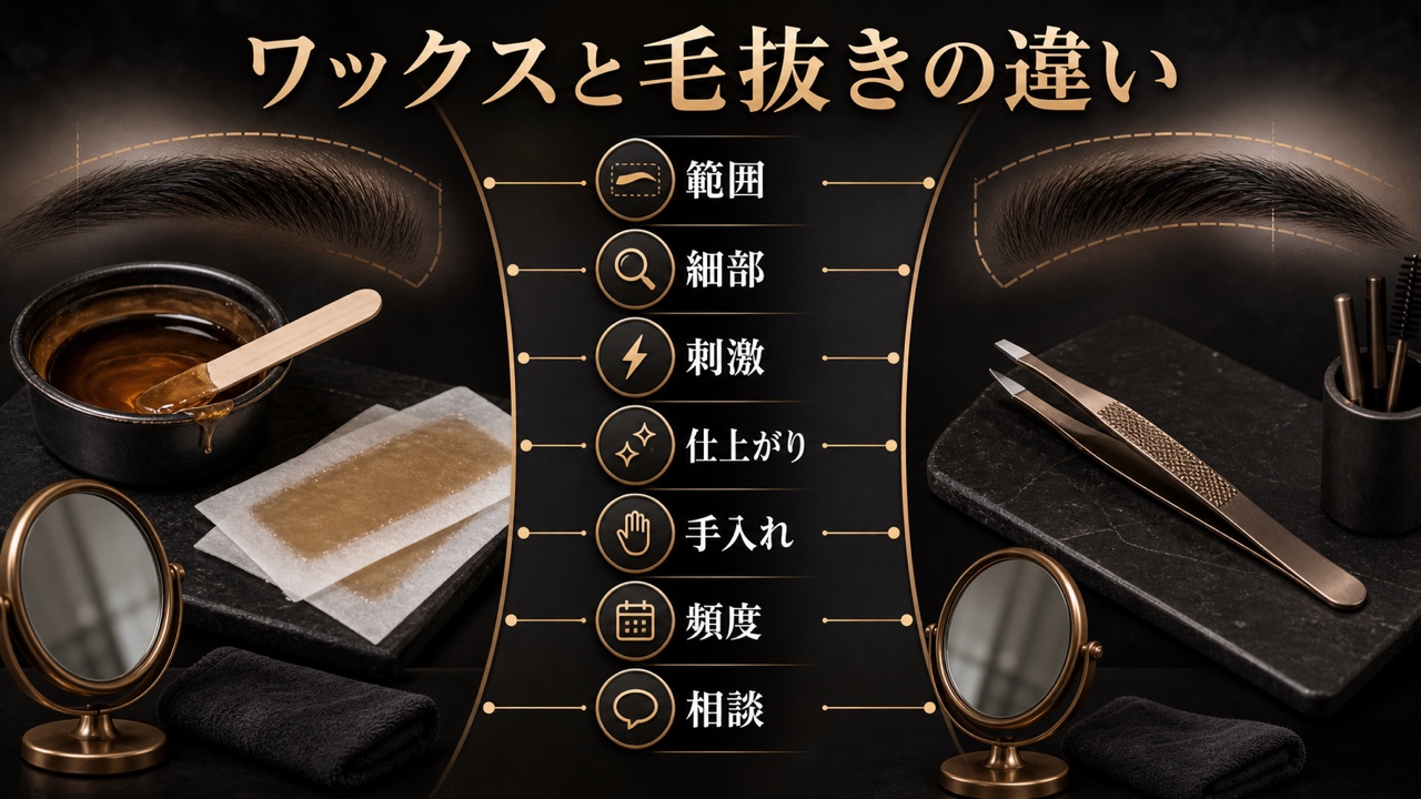 【比較表】メンズ眉毛ワックス脱毛 vs 毛抜き｜7つの違いを徹底比較の図解