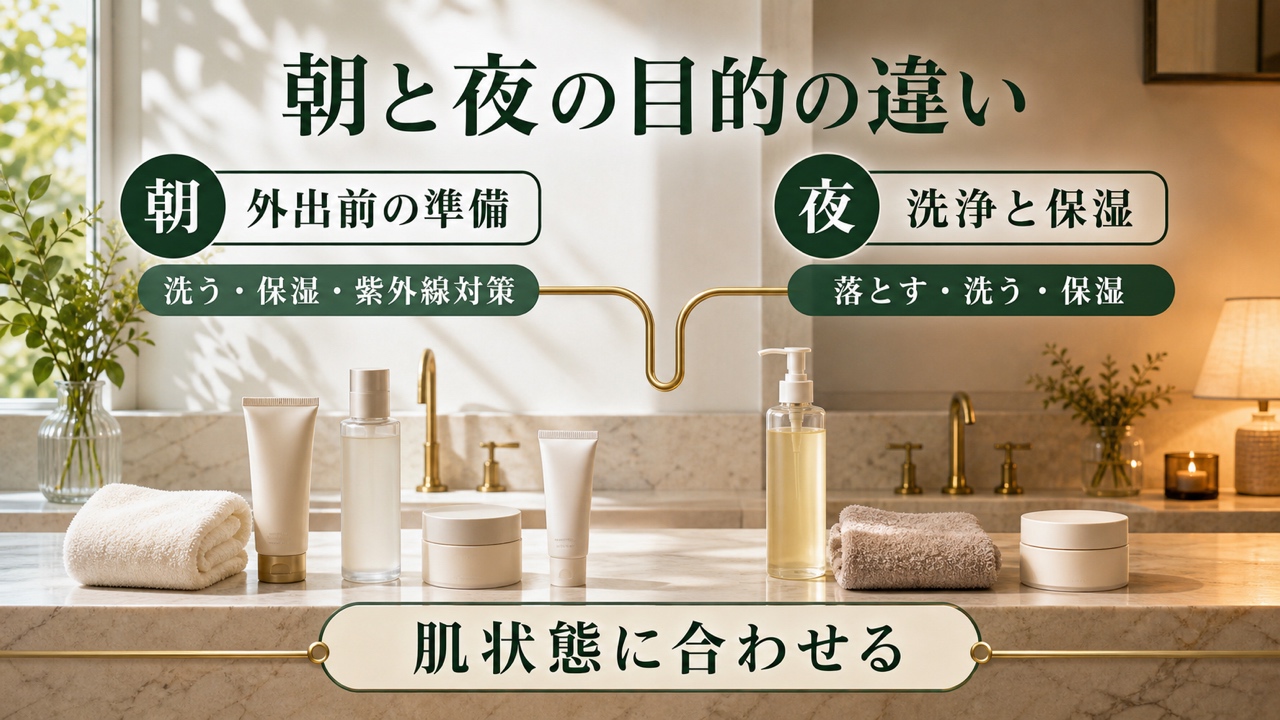 朝は外出前の準備、夜は洗浄と保湿｜目的の違いの図解