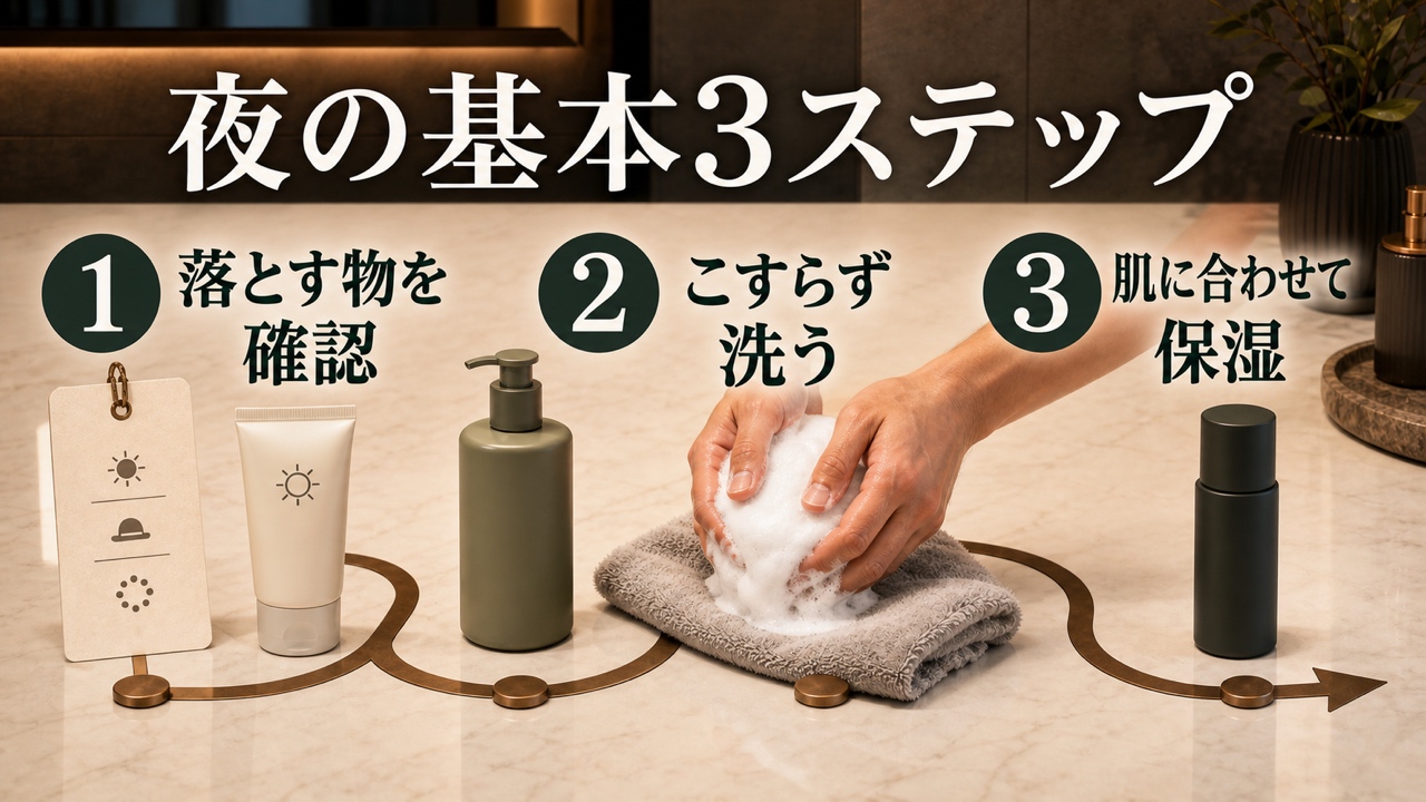 夜のメンズスキンケア｜汚れを落として保湿する手順の図解