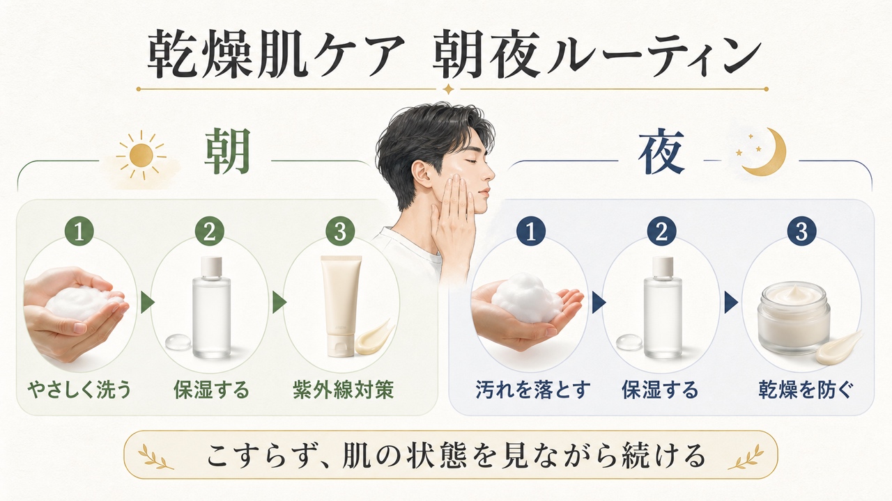 朝と夜のメンズ乾燥肌ルーティンの図解