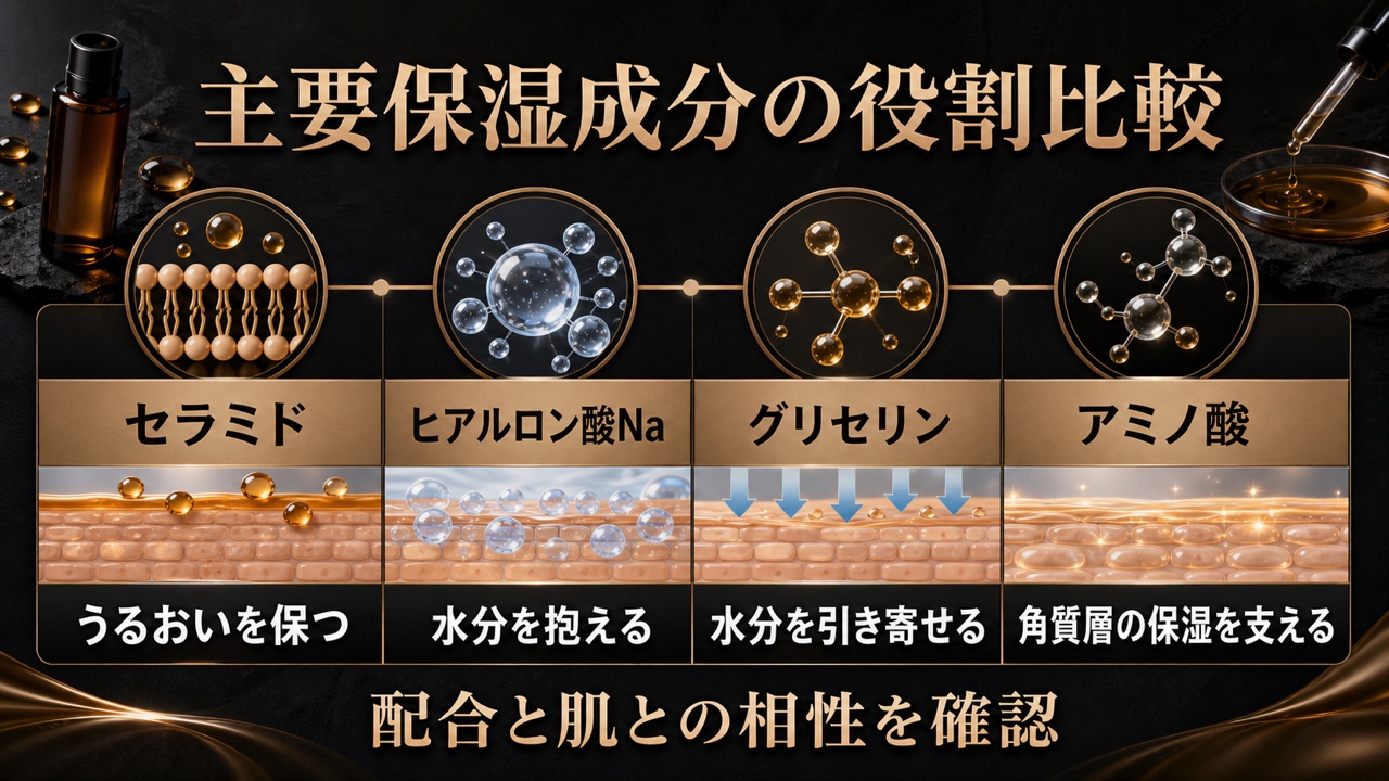 メンズ乾燥肌向け｜主要保湿成分の効果と役割 比較テーブルの図解