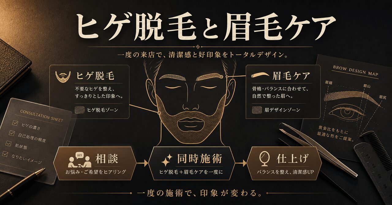 メンズヒゲ脱毛と眉毛サロンは同時施術OK？メリット・注意点を渋谷のプロが解説のアイキャッチ