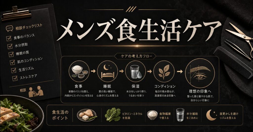 【メンズ】食生活で肌をきれいにする12の法則｜渋谷のプロが教えるニキビ・肌荒れ改善術のアイキャッチ