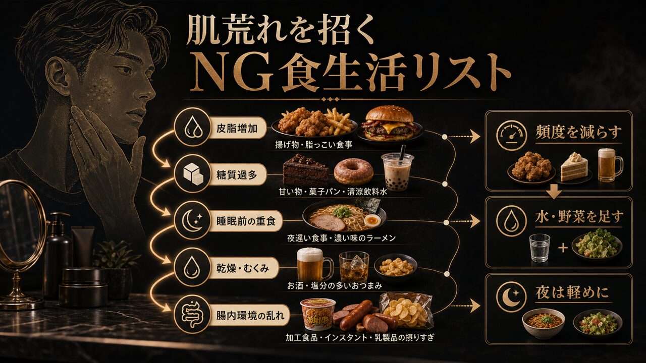 逆に肌荒れを招く！メンズが避けるべきNG食生活・食品リストの図解