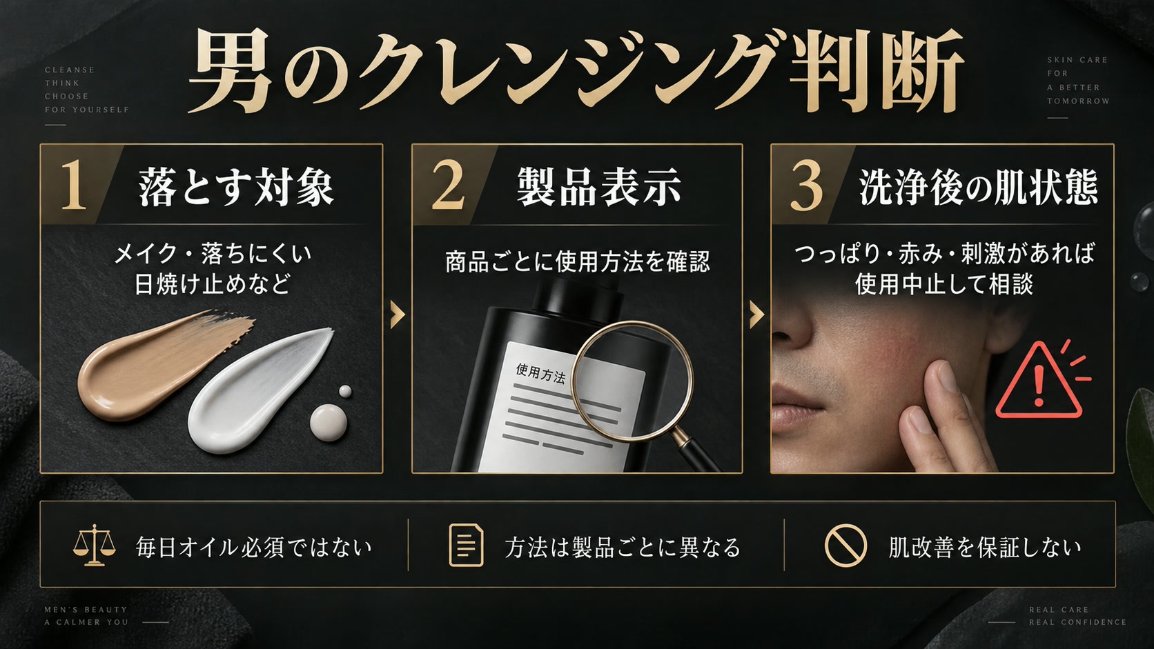 クレンジングを選ぶ3つの確認：落とす対象・製品表示・洗浄後の肌状態