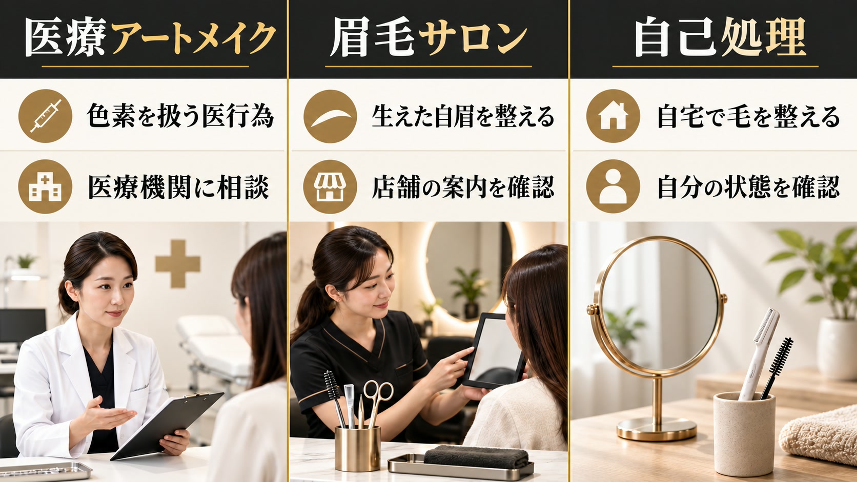 医療アートメイク・眉毛サロン・自己処理の使い分けの図解